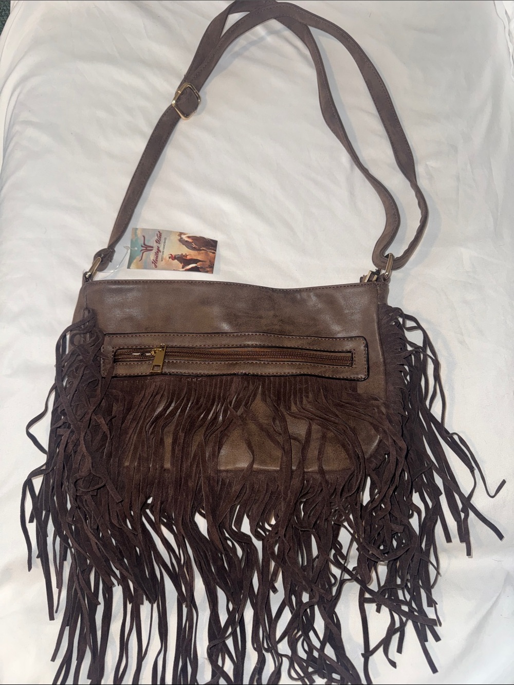 Fringed Brown Crossbody Bag with Front Zip Pocket